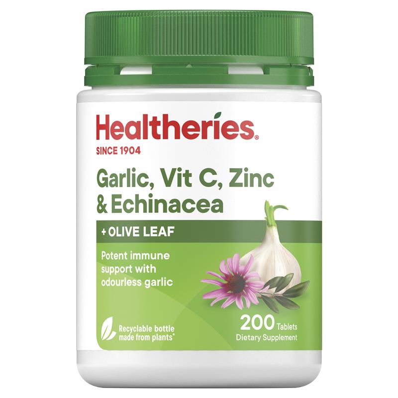 Healtheries Garlic Vit C Zinc Echinacea Olive Leaf 200 Tablets 賀壽利 大蒜C鋅紫錐花橄欖葉五合一防護錠 200錠