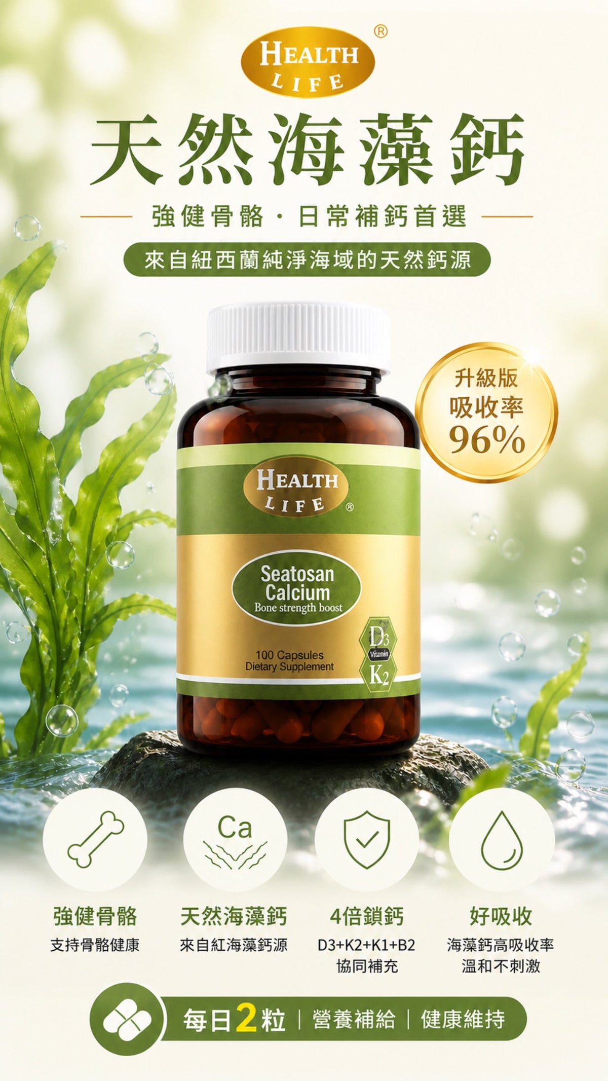 Health Life 海藻鈣膠囊 100粒 規格 產品圖
