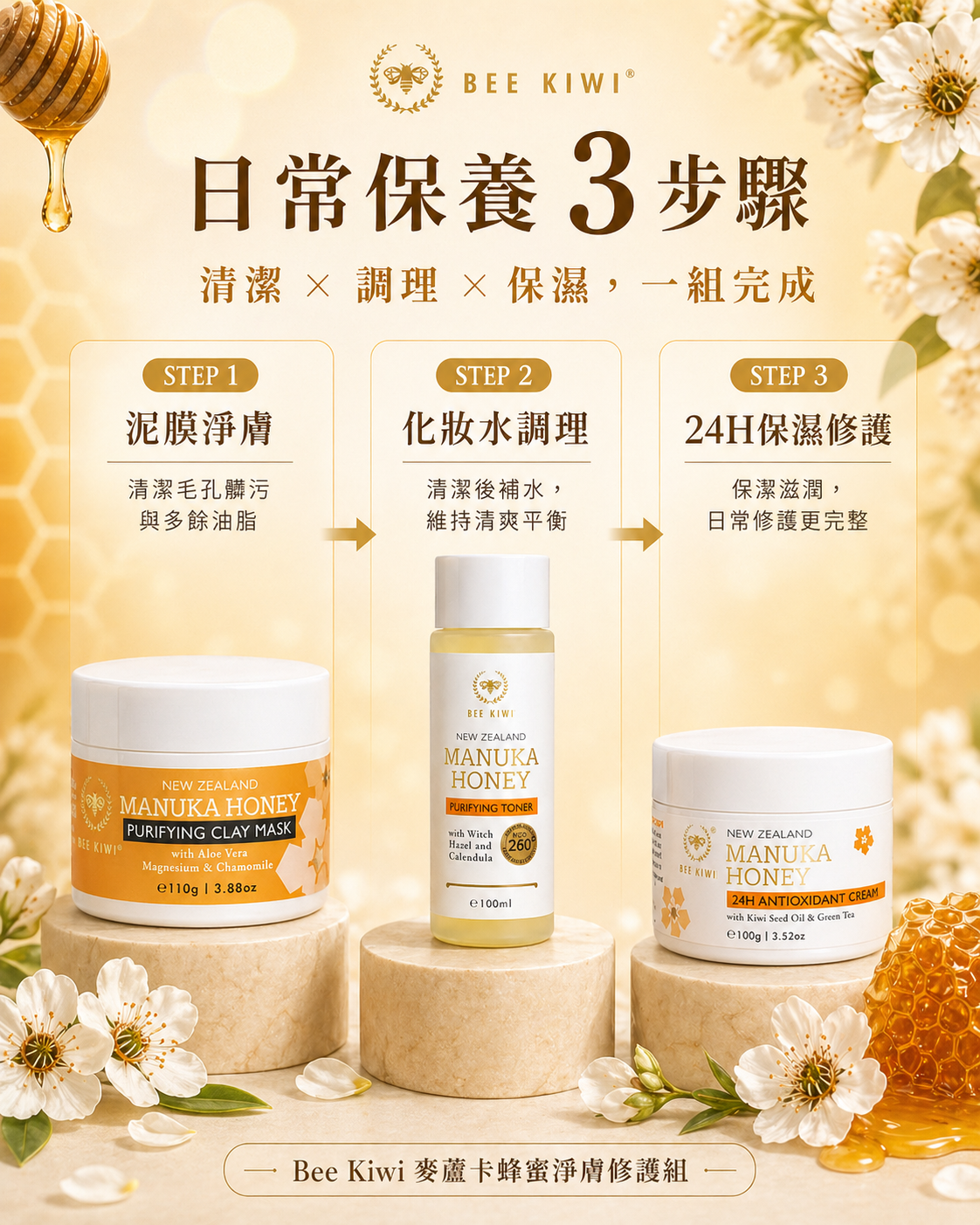 Bee Kiwi麥蘆卡蜂蜜臉部護理3件組禮盒 產品圖